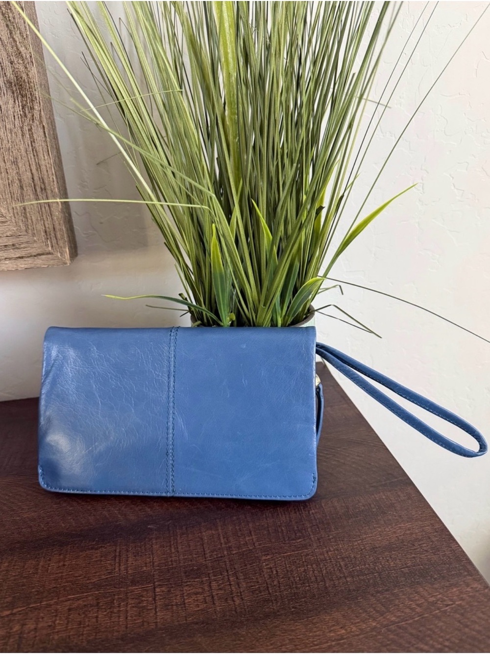 HOBO Blue Leather Wristlet Clutch with Strap